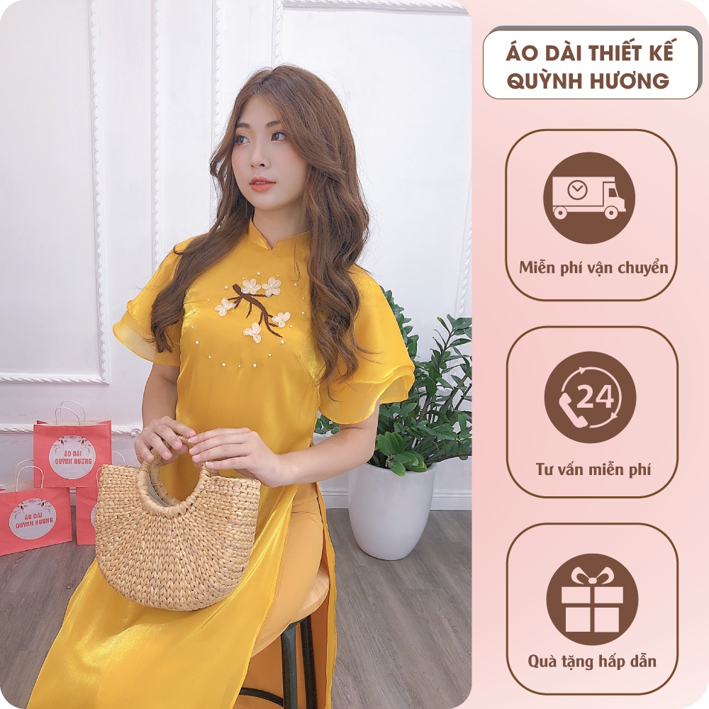 Áo Dài cách tân voan tơ nhũ màu vàng nhẹ nhàng siêu xinh by Quỳnh Hương