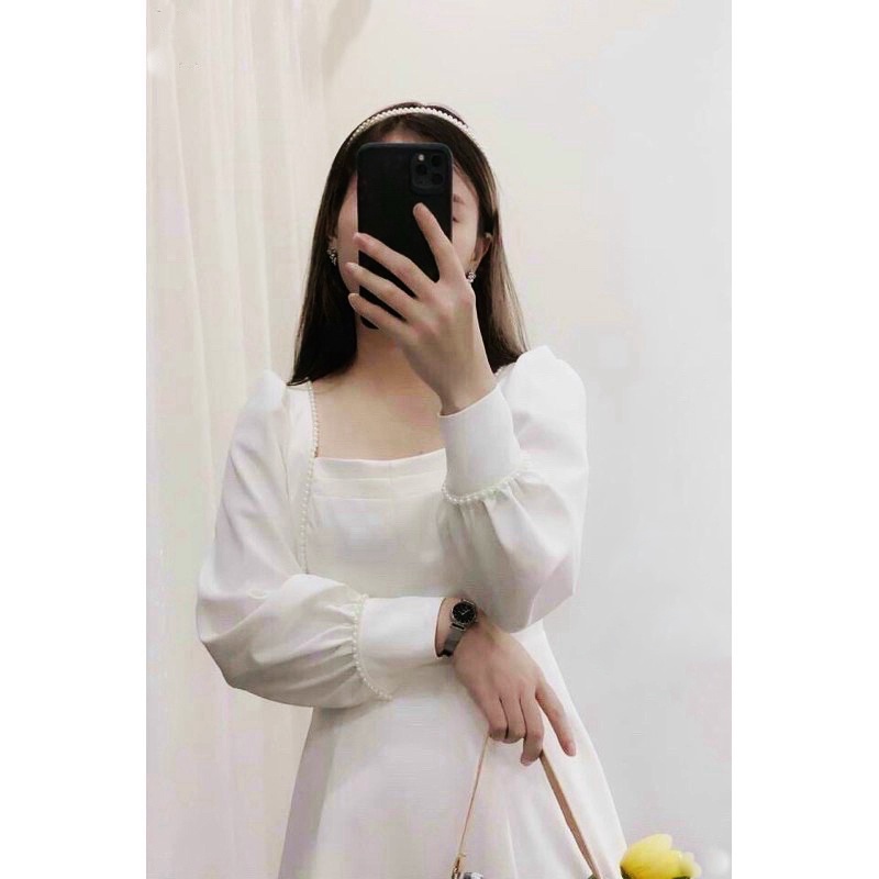 Váy trắng dự tiệc body cổ vuông tay dài phối ren hạt sống chất , Đầm dáng xòe ulzzang (hình thật/ sẵn) | BigBuy360 - bigbuy360.vn
