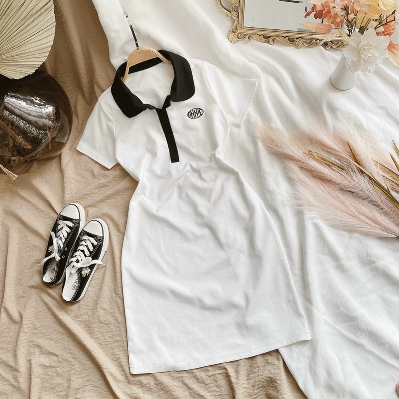 ĐẦM POLO TRẮNG THÊU LOGO VIỀN ĐEN