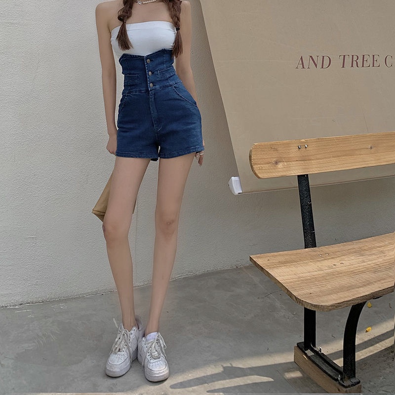 Net red ins super high waist bud denim shorts women's summer design feeling slim a-word bag hip wide leg hot pants
