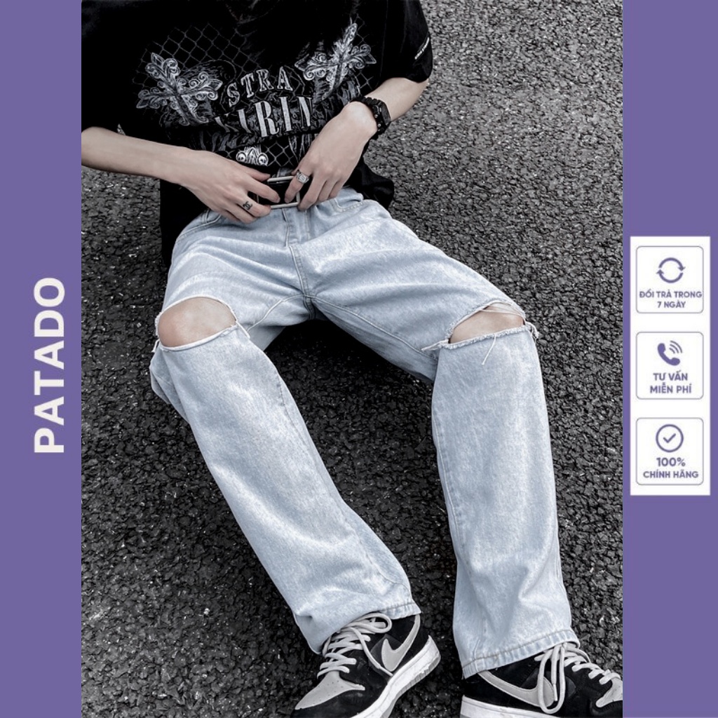 Quần jean nam PATADO dáng baggy ống suông rộng mẫu rách gối mã RG01