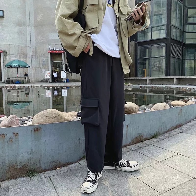 Quần kaki túi hộp ống rộng đen , dáng xuông , Cargo pants, phong cách streetwear mix đồ cực ngầu Big Size