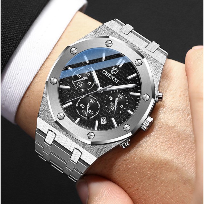 Đồng hồ nam Chenxi mặt tròn viền 8 cạnh - Đồng hồ nam cao cấp 6 kim dây thép sang trọng