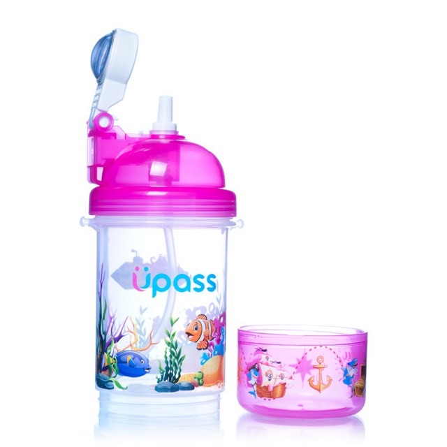 Bình uống nước ống hút cao cấp nắp bật có khay đựng kẹo Upass UP0826Y 400ml