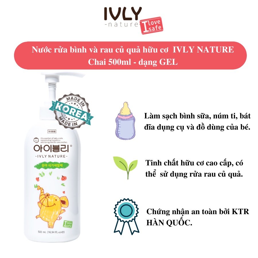 Nước rửa bình sữa và rau củ quả IVLY natural chai 500ml