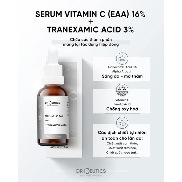 Serum DrCeutics Vitamin C 16% + Tranexamic Acid 3% Dưỡng Trắng Da, Mờ Thâm Nám 30ml