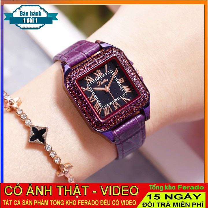 Đồng hồ nữ Scottie S9040 da mặt vuông viền đá tím