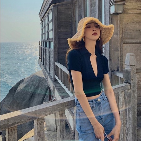 Áo thun ZHELIHANGFEI ngắn tay cổ chữ V cắt sâu lưng cao thời trang mùa hè 2022 cho nữ