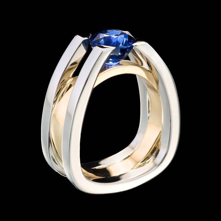 Nhẫn Đính Hôn Mạ Vàng Hai Màu Đính Đá Sapphire Sáng Tạo Thời Trang Hàn Quốc