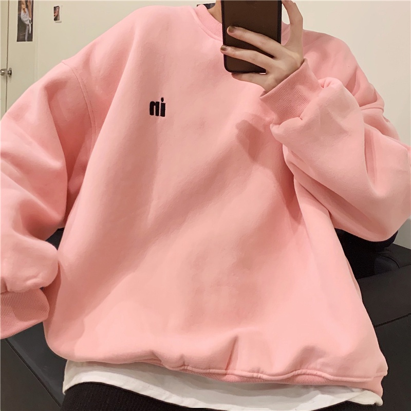Áo sweatshirt dáng rộng tay dài cổ tròn dễ phối đồ thời trang Hàn Quốc