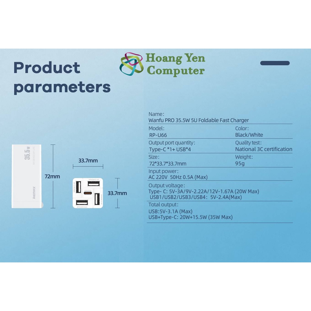 Cốc Sạc 5 Cổng Remax RP-U66 35.5W  - BH 1 năm - Hoangyencomputer