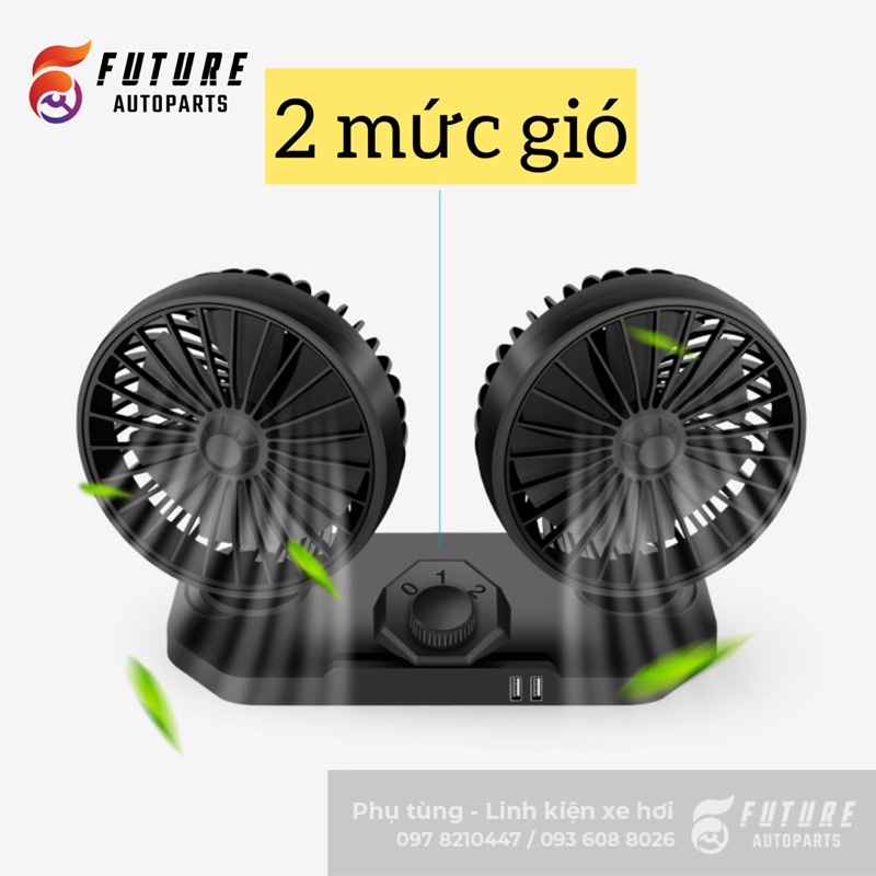 Quạt đôi đa năng quay 360 độ hỗ trợ cổng sạc USB tiện dụng dành cho xe hơi - Future Autoparts