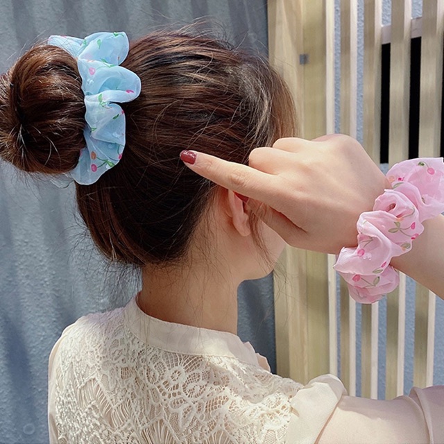 Dây cột tóc vải Scrunchies họa tiết quả Anh Đào