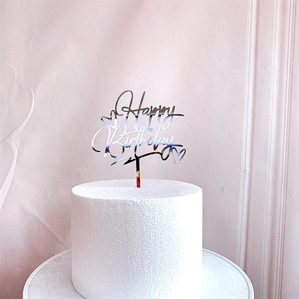 Que topper HPBD mica chữ uốn + 2 tim bạc_Phụ kiện trang trí bánh sinh nhật