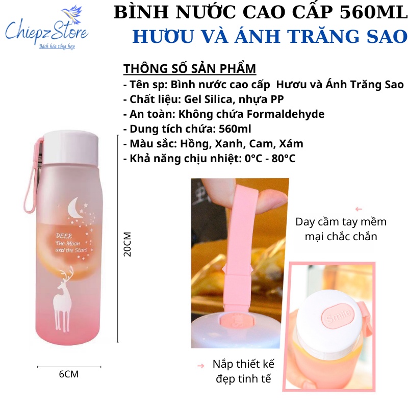 Bình nước Hươu và Ánh Trăng Sao - Bình đựng nước cao cấp 560ml - BPA free
