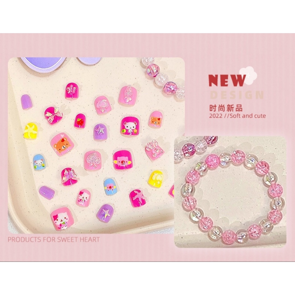 Set 12 Móng Tay Giả Có In Hình Cute Kèm Vòng Tay (Có keo dán sẵn dưới móng) Cho bé gái