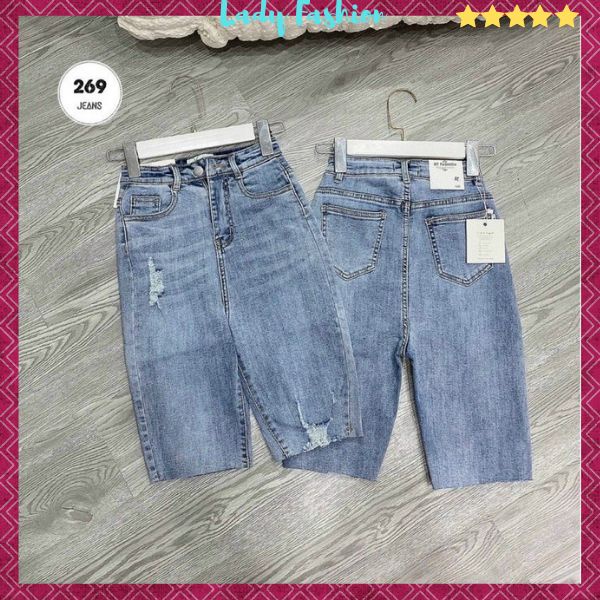 Quần ngố jean nữ lưng cao, quần jean lửng nữ cao cấp màu xanh phối 2 nút chất bò co giãn thời trang Lady Fashion - MQ269