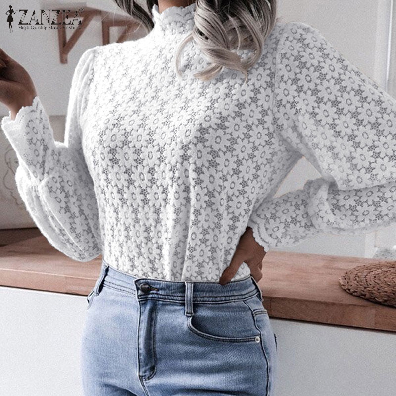 Áo kiểu ZANZEA cổ cao tay phồng họa tiết ren hoa thời trang dành cho nữ