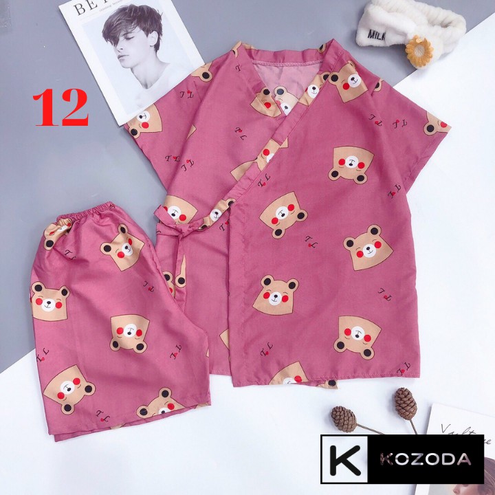 Đồ ngủ yukata Kimono Cộc Tay Nữ Set pijama buộc nơ in hình cute, quần áo ngủ mặc ở nhà, mùa hè Ulzzang Kozoda M45