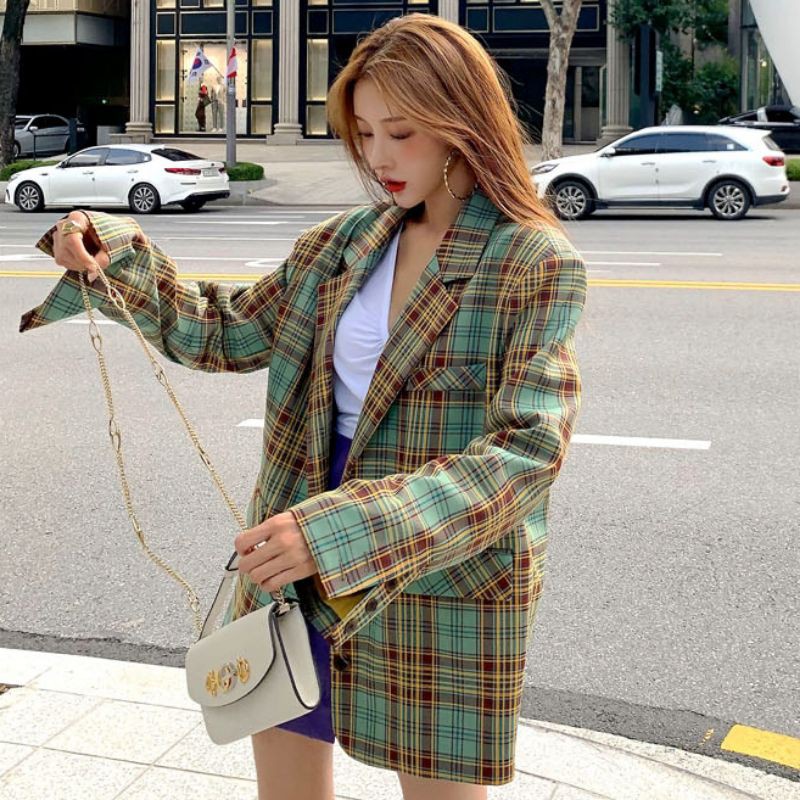 (Hàng Đẹp)Ảnh thật 5 hình cuối-HC342.Áo blazer kẻ caro Hàn Quốc chanh xả