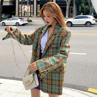 (Hàng Đẹp)Ảnh thật 5 hình cuối-HC342.Áo khoác vest blazer kẻ caro Hàn Quốc chanh xả