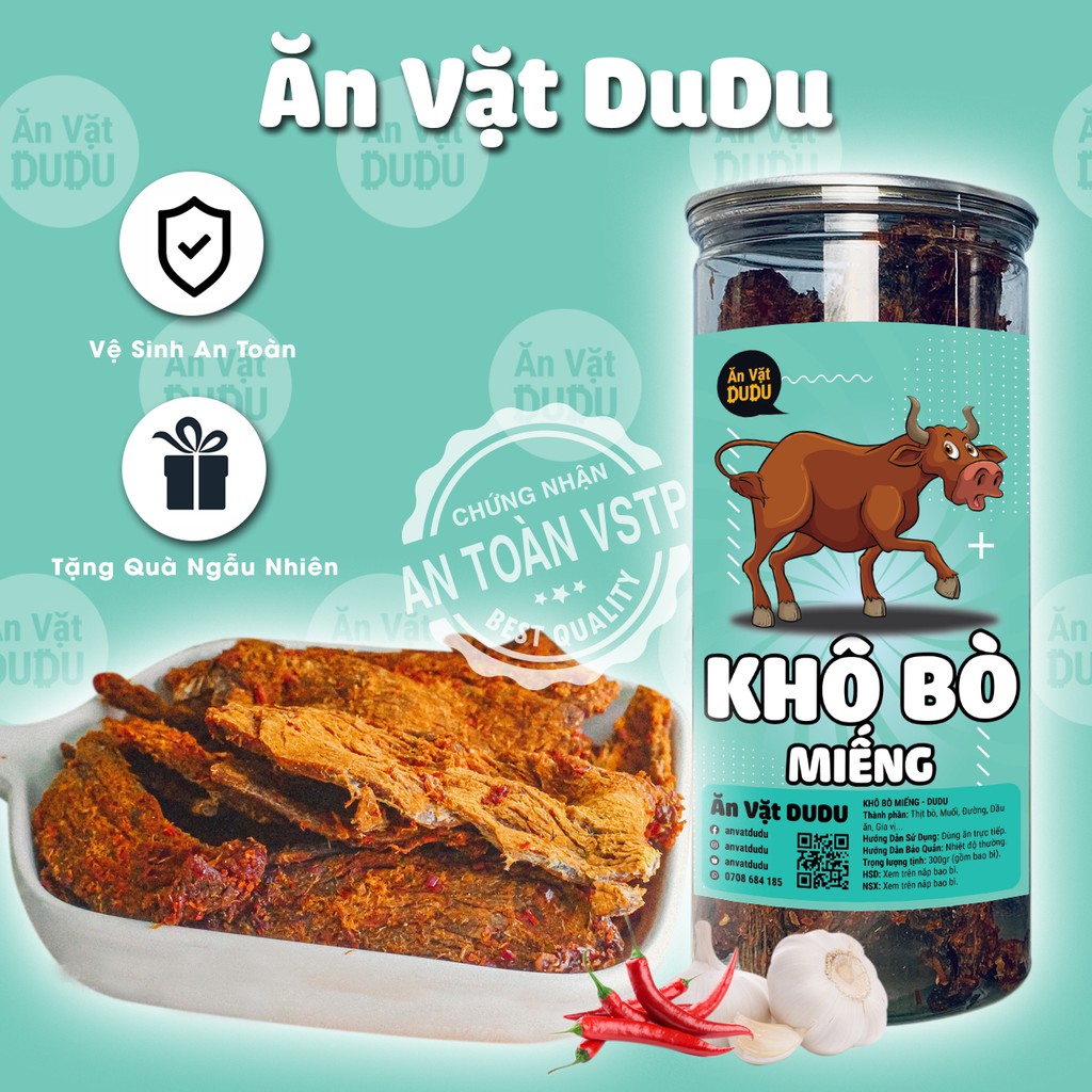 Khô bò miếng đóng hộp 300g đồ ăn vặt dudu ngon lại rẻ