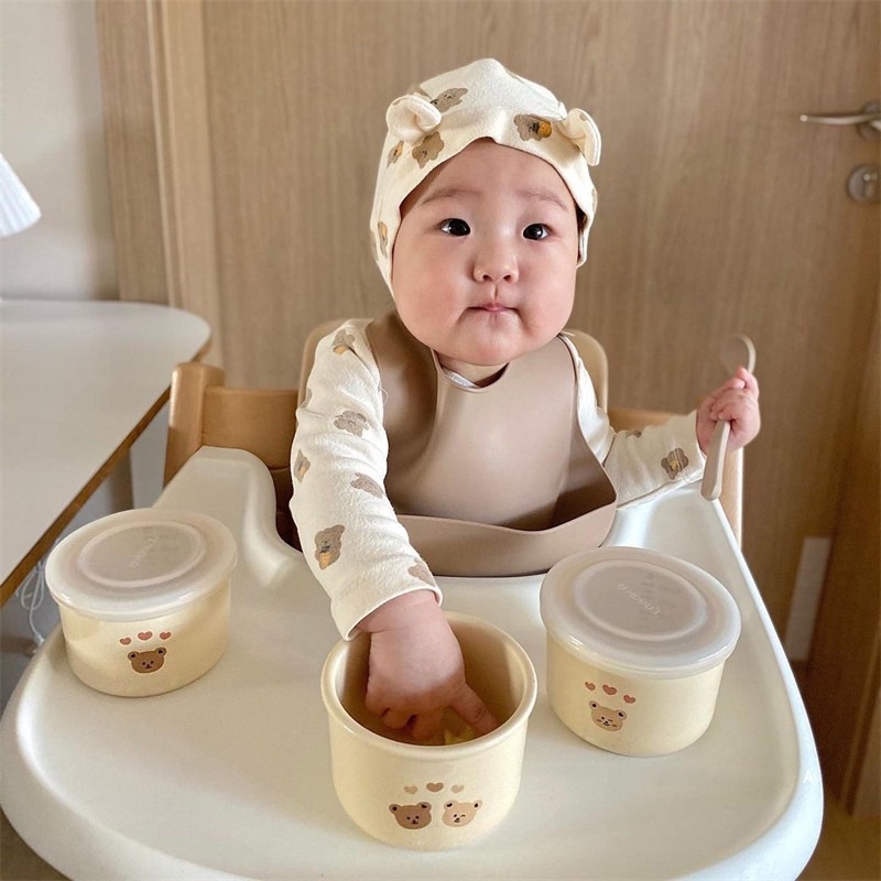 Bát/hũ sứ ăn dặm cho bé phong cách Hàn Quốc có nắp đậy silicone 225ml - nhiều mẫu