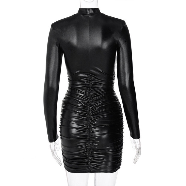 Đầm body trơn nhún thân da PU bóng mềm mại tôn dáng phong cách gợi cảm sang trọng The Black Cheese