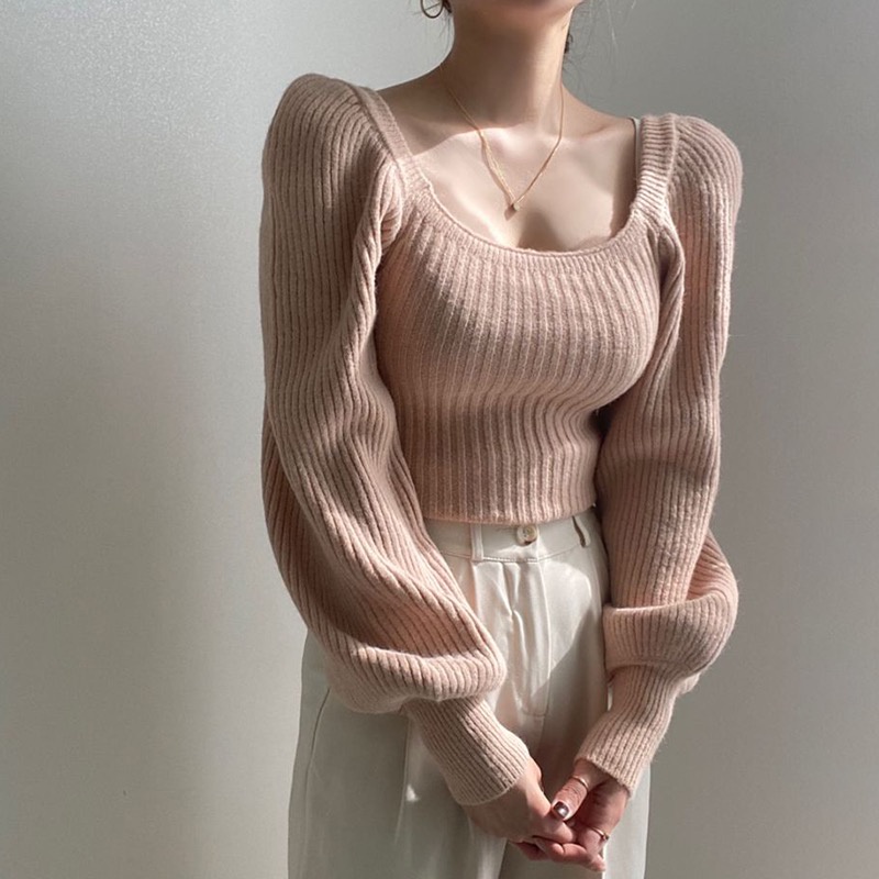 Porozi  Áo sweater dệt kim  tay phồng cổ vuông màu sắc đơn giản phong cách Hàn Quốc cho nữ