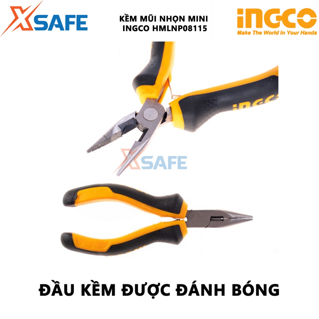 Kìm mũi nhọn mini INGCO HMLNP08115 Kềm mũi nhọn 4.5&quot;, đầu kềm được đánh bóng chống gỉ, tay cầm hai màu - XSAFE