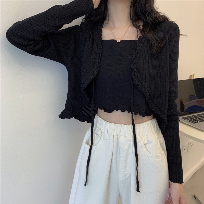 Sét áo 2 dây kèm khoác VIỀN BÈO CUỐN BIÊN xinh - Sét áo 2 dây+áo cadigan thun gân 001 💕💕💕💕
