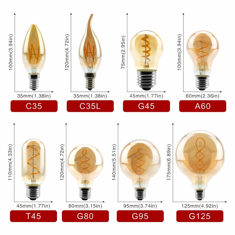 Bóng Đèn LED E14 E27 4W 220V C35 A60 T45 ST64 T185 T225 G80 G95 G125 Thiết Kế Cổ Điển Đẹp Mắt