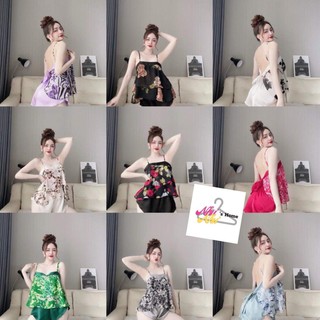 Bộ mặc nhà hai dây vải chiffon phối satin
