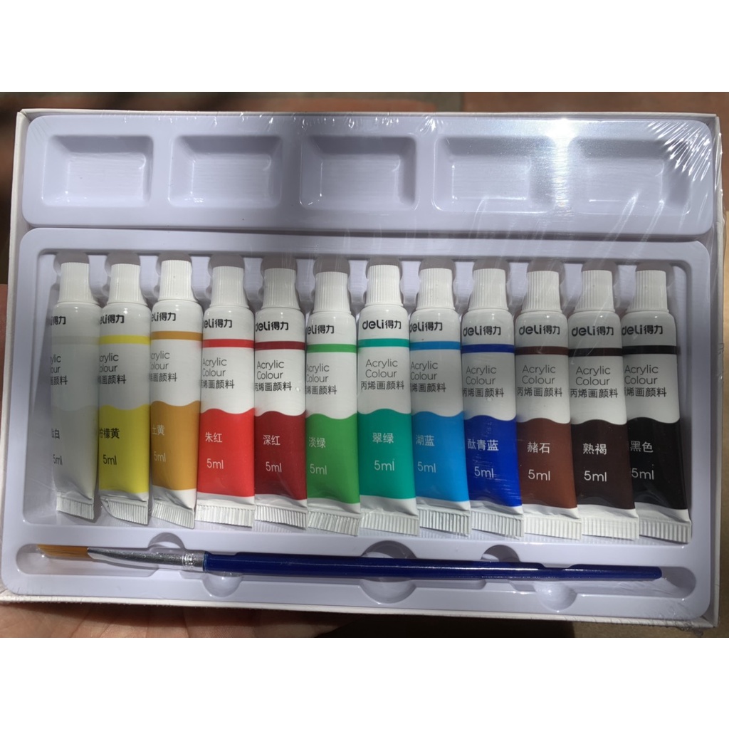 Màu nước acrylic dạng tuýp 5ml chuyên nghiệp Deli dùng để vẽ vải giày tường 12/18/24 màu - 73913 73914 73915
