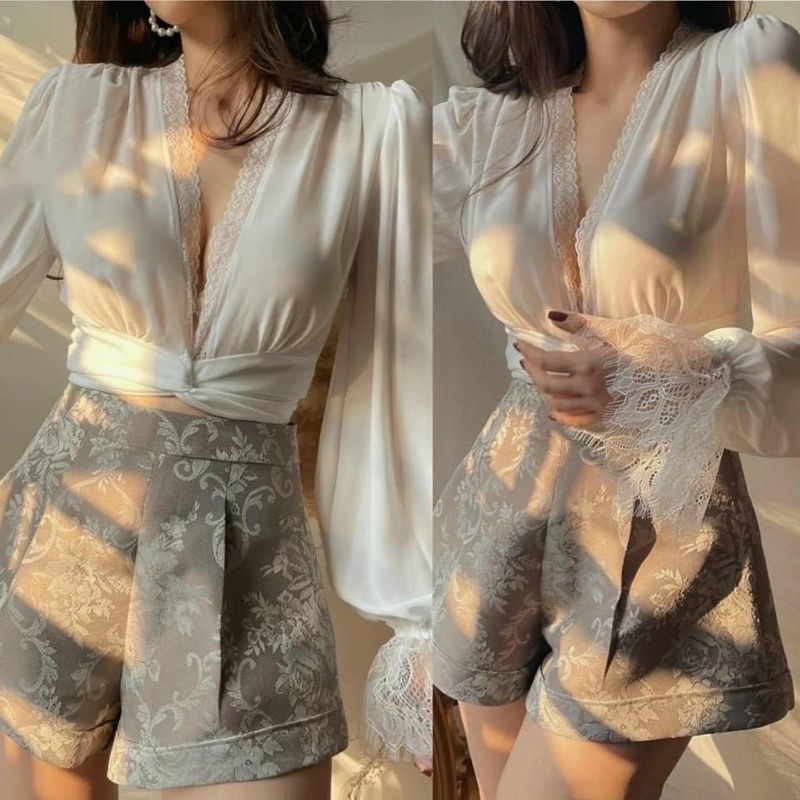 Áo voan phối ren cột nơ khoét ngực sâu cá tính sexy(mặc đi biển,làm áo khoác ngoài đều được)