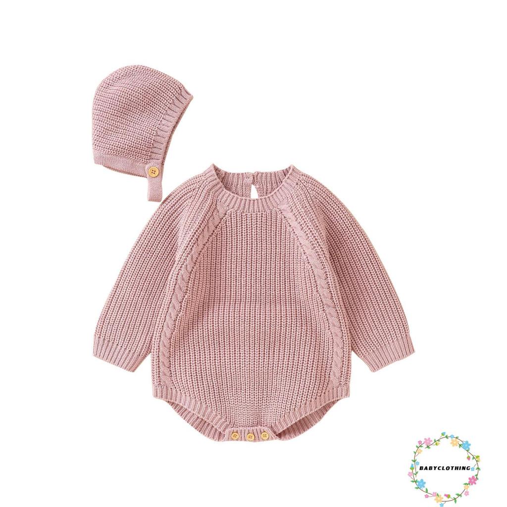 Set Áo Liền Quần Dài Tay Cổ Tròn + Mũ Cho Bé Gái