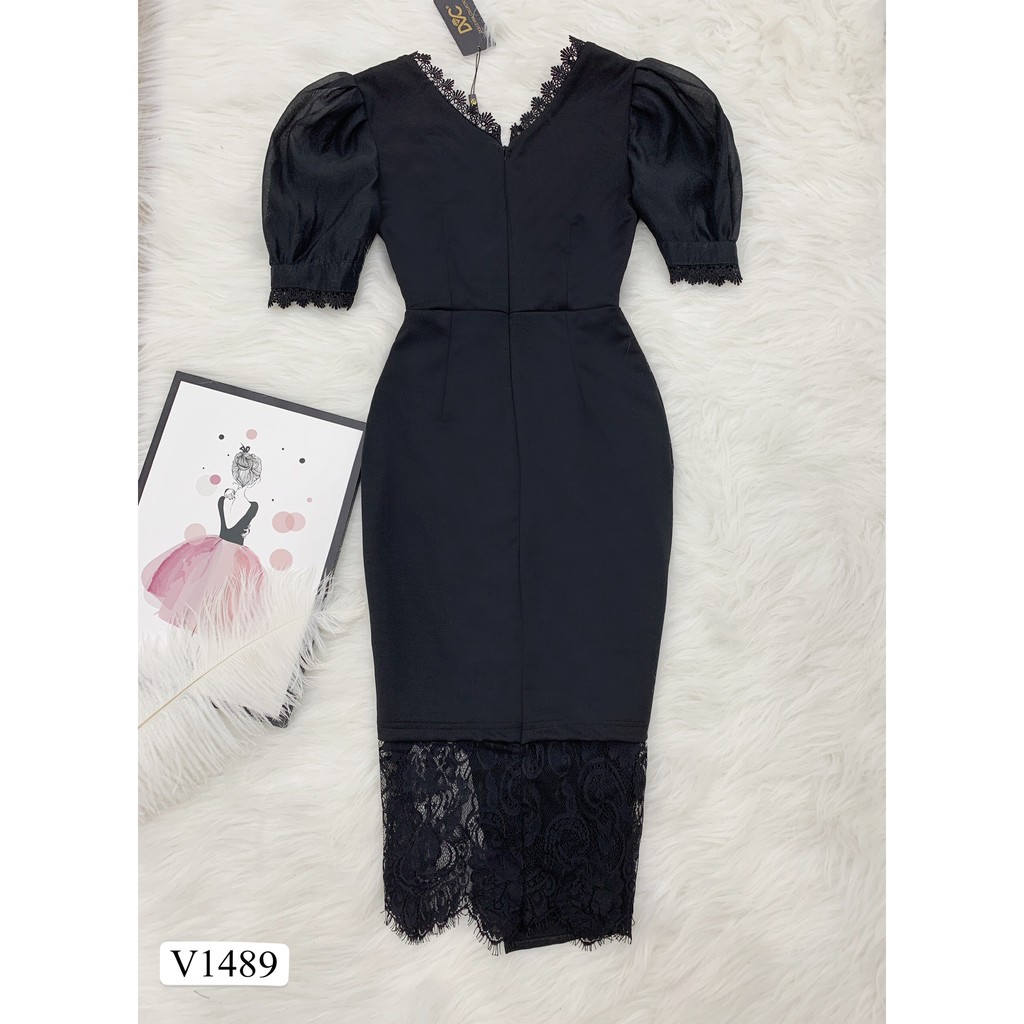 Váy đen body phối ren tay bồng V1489 - Đẹp Shop DVC (Kèm ảnh thật trải sàn do shop tự chụp) | BigBuy360 - bigbuy360.vn