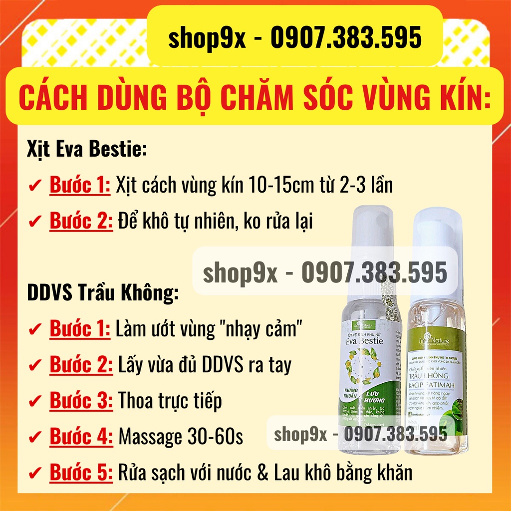 Combo Dung Dịch Vệ Sinh Phụ Nữ Trầu Không I'm Nature & Xịt Khử Mùi Vùng Kín Eva Bestie Chai Mini