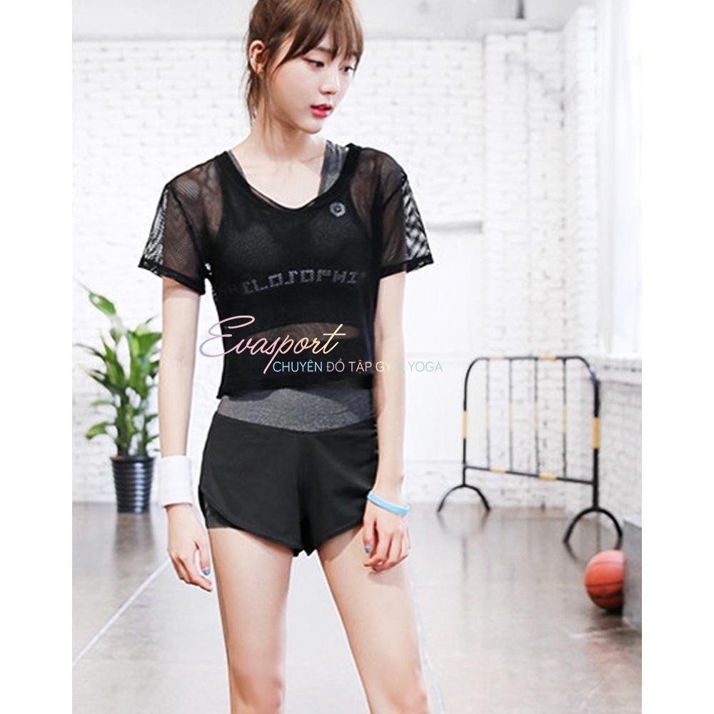 Set bộ đồ tập gym nữ ngắn gồm áo bra áo lưới quần đùi 2 lơp tập yoga gym aerobic thể thao co giãn