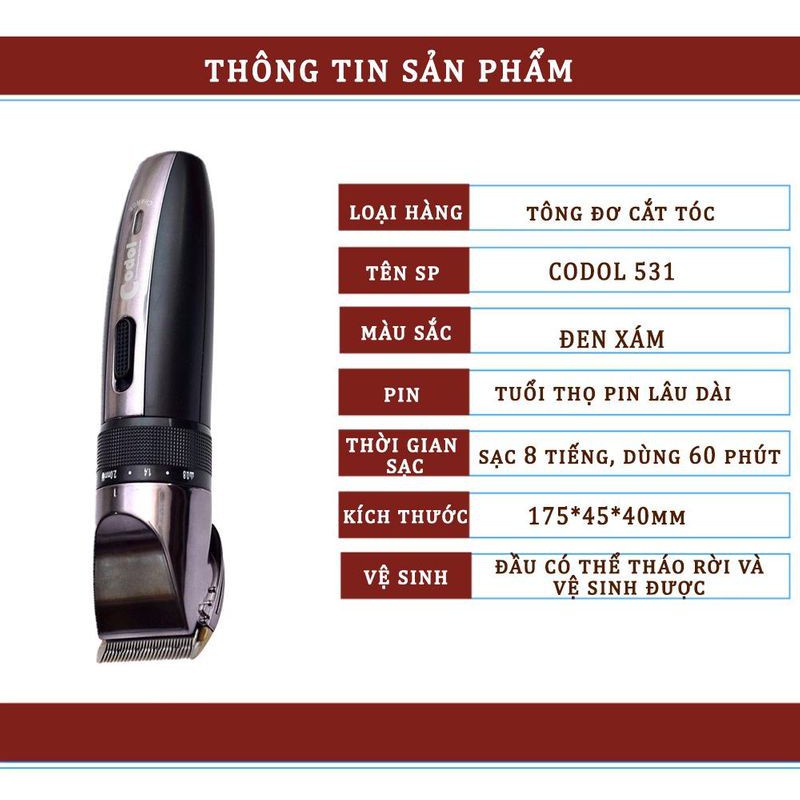 Tông đơ cắt tóc chuyên nghiệp Codol 531 dành cho Salon, Gia đình