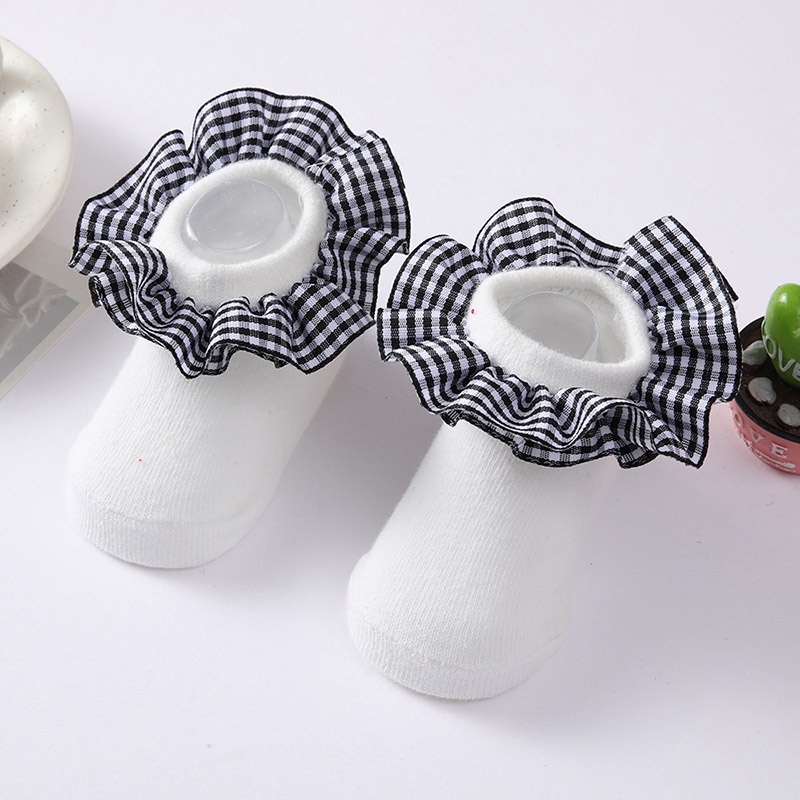 Vớ Cotton Mềm Mại Thoáng Khí Phối Bèo Họa Tiết Kẻ Sọc Cho Bé Gái Sơ Sinh