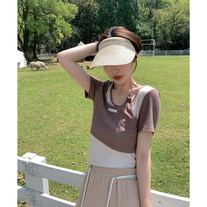 Áo kiểu COZOK tay ngắn cổ tròn dáng ôm thời trang dễ phối đồ