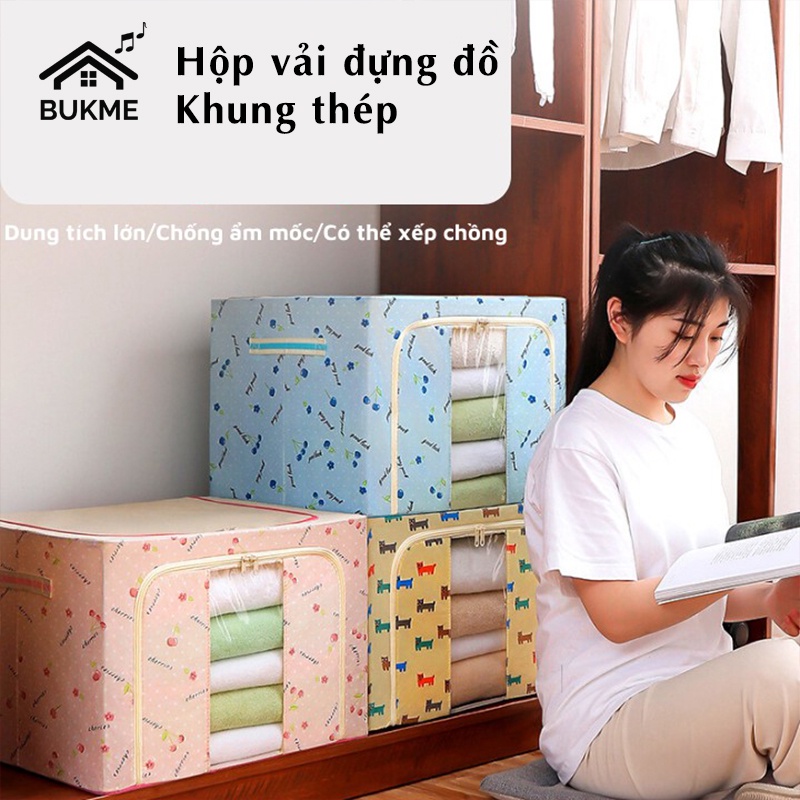 Hộp túi vải đựng quần áo chăn mền đa năng có khung thép chống thấm nước nắp khóa kéo dung tích 72l