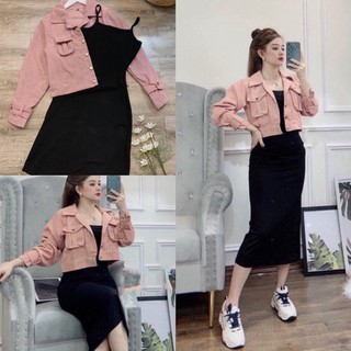 [HÀNG CAO CẤP] Set đầm body đen phối áo khoác kaki nhung hồng