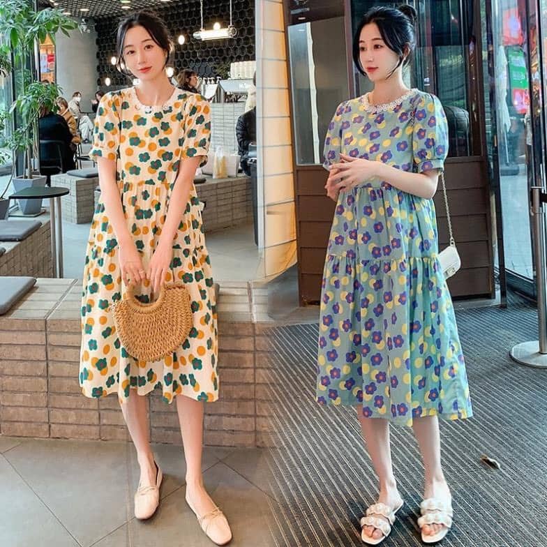 Váy Bầu Hoa siêu xinh,dáng xuông,tay bo gấu ,phong cách hàn quốc ,freesize 50-70kg