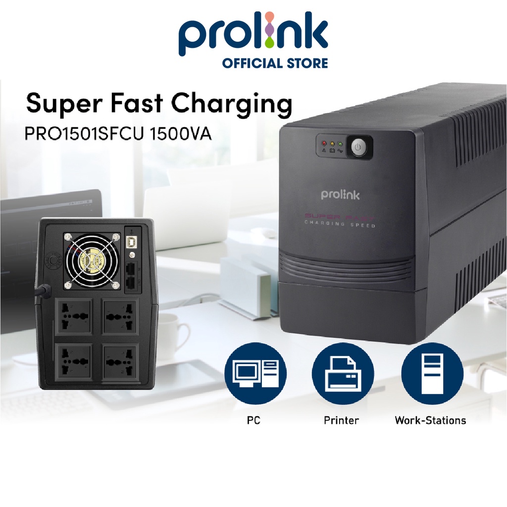 Bộ lưu điện UPS PROLiNK PRO1501SFCU (1500VA) công suất 900W, tích hợp bộ AVR, sạc siêu nhanh, dùng cho PC, Camera, Wifi