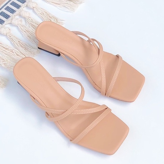 [SIÊU RẺ] Dép cao gót mũi vuông phối dây Hàn Quốc cao 5cm màu nude _ EM074 G502