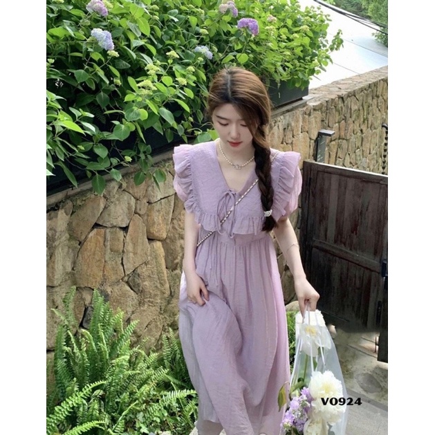 Đầm tiểu thư màu tím phối bèo cổ,Váy công chúa tay bồng dáng xoè dài