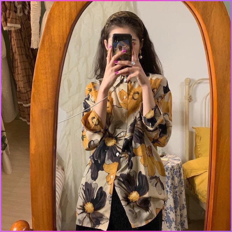 Sơ mi nữ dãi tay hoa vàng Vintage chất đẹp ZuLyShop