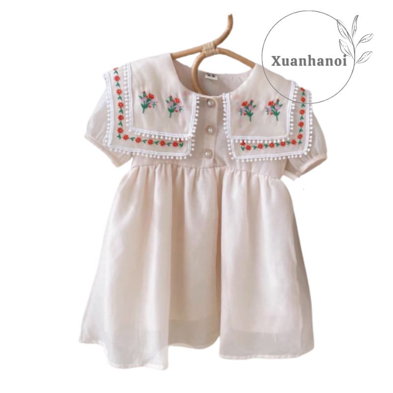 Váy bé gái trắng tơ sống cổ thêu hoa ren 2 lớp và thân váy 2 lớp 8-30kg XHN1090